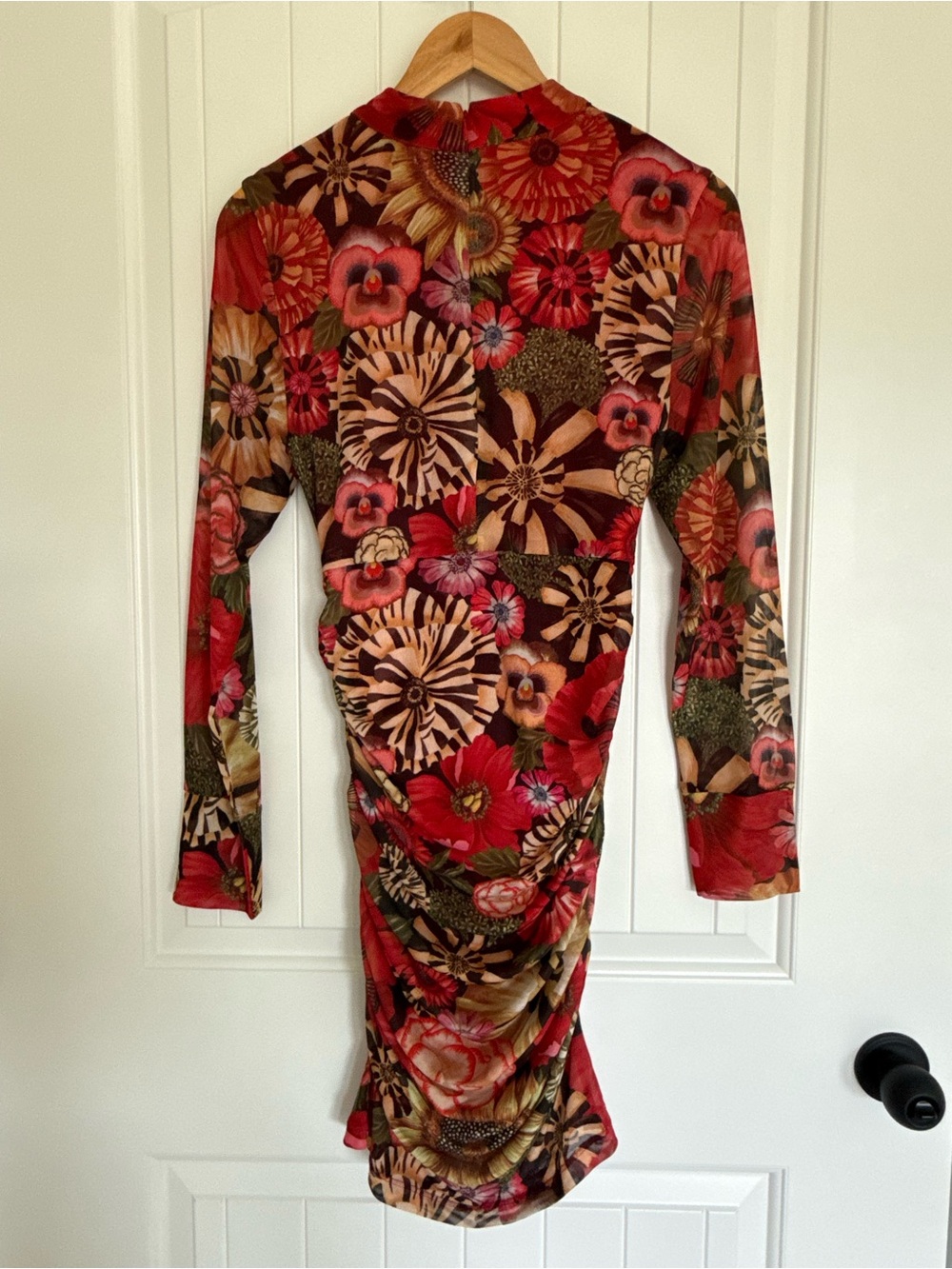 FARM Rio Flowershop Long Sleeve Ruched Tulle Mesh Mock Neck Floral Mini Dress M - Picture 4 of 8